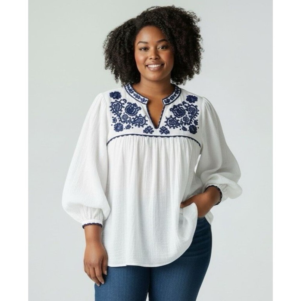 Boden NEW womens boho embroidered white navy gauze balloon sleeve blouse US 18